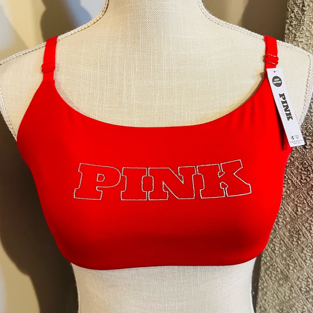💋PINK VICTORIA’S SECRET Bling Logo Relay Square Neck Sports Bra Red Pepper LARGE